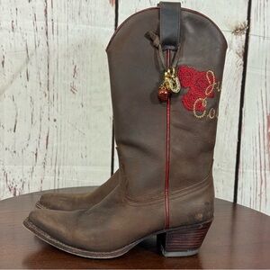 Juicy Couture “Austin” Brown Leather Western Boots Rose Embroidery & Charms 6.5